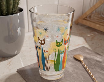 Mid-Century Cat Mixing Glass | 16oz Retro Barware, Whimsical Drinkware