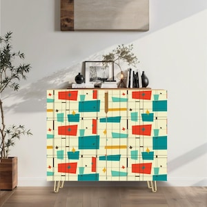 Color Block Mid-Century Modern Storage Cabinet: UV Printed Wood, 35&quot; x 17&quot; x 30&quot;
