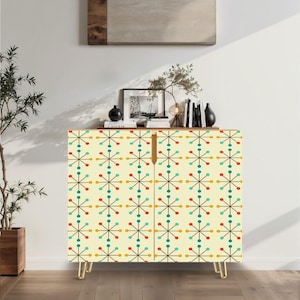 Mid-Century Modern Wooden Storage Cabinet: Colorful UV Print Design