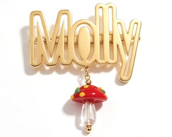 Custom Nameplate Mushroom Brooch Pins | Gold Filled Name Lapel Pin with Handmade Vintage Glass Bead Charm | Personalised Gift for Her