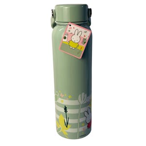 May include: A light green insulated water bottle with a matching lid and a small tag. The bottle features a floral and striped design with a cartoon rabbit illustration. The tag shows the same rabbit character in a yellow dress.