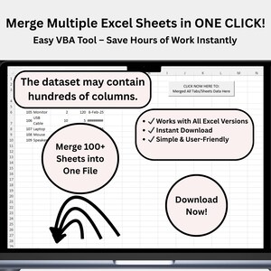 May include: A laptop screen displays an Excel spreadsheet with the text "Merge Multiple Excel Sheets in ONE CLICK!". The image highlights the ability to merge 100+ sheets into one file, with a "Download Now!" button.