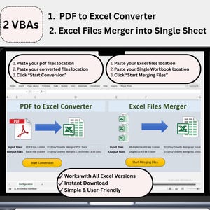 May include: A computer screen displays a software interface for converting PDF files to Excel and merging Excel files. The interface includes instructions, file paths, and buttons labeled "Start Conversion" and "Start Merging Files."
