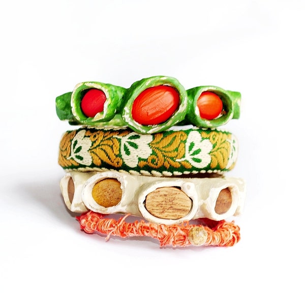 Green and wood - set of 4- statement contemporary, mide media, shabby, wood, linen fabric textile bangles