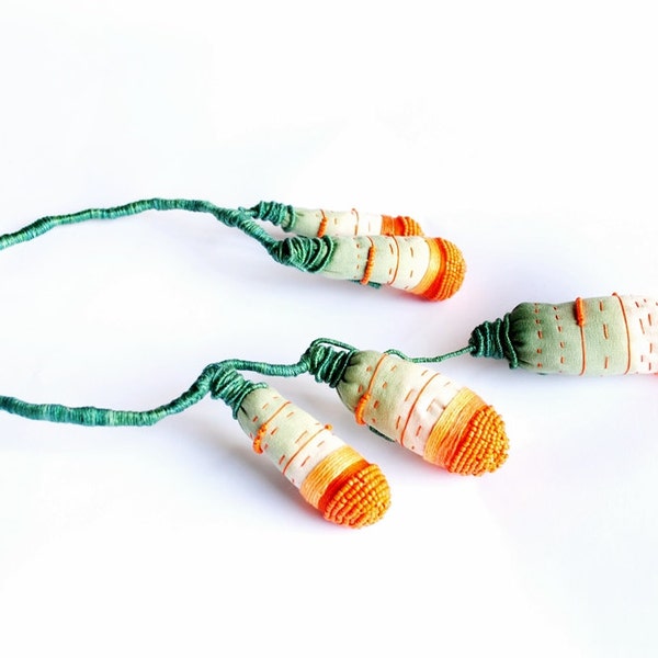 Orange fruits - contemporary statement original art, fabric textile fiber, beaded necklace