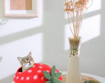 Felt Strawberry Cat Cave Bed, Handmade New Zealand Wool Pet Hideaway, Cozy Cat House Unique Gift