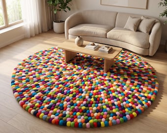 Wool Felt Ball Rug, Round Boho Carpet, Multicolor White Grey Beige, Nursery Kids Room Decor, Nepal Artisan Floor Mat