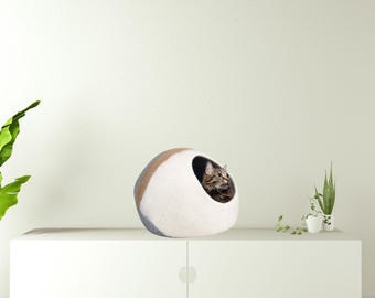 Dual Tone Wool Felt Cat Cave, Handmade Modern Pet Hideout, Cozy Cat Bed Unique Pet Lover Gift