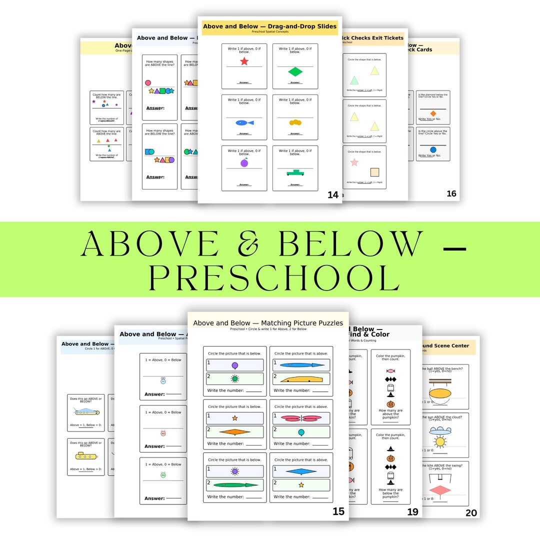 Above & Below Worksheets Preschool – Printable Worksheets PDF - Etsy