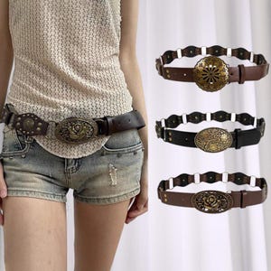 Retro Cowgirl Belt: Y2K Spliced Waistband, Round Buckle, Floral PU Leather
