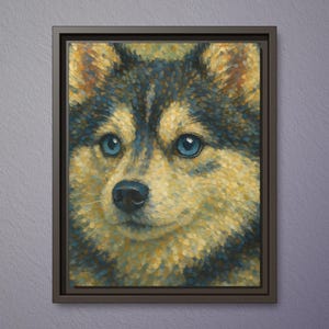 May include: An 11 x 14 inch canvas print of a dog's face, framed in espresso. The artwork features a close-up of a dog with blue eyes, and a coat of yellow, black, and blue brushstrokes. The dog's nose is black.