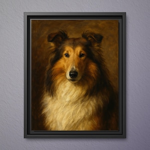 May include: A framed canvas print featuring a detailed portrait of a Collie dog. The artwork showcases the dog's brown and white fur, with a black frame. The text at the bottom reads "Featured: 11 x 14" Canvas with Black Frame."