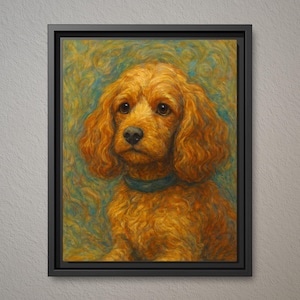 May include: An 11 x 14 inch canvas print featuring an oil-style painting of a golden-brown curly-haired dog with a dark teal collar. The dog is set against a swirling blue and gold background and is enclosed in a simple black frame.