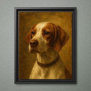 May include: An 11 x 14 inch canvas print in a black frame. The artwork features a detailed portrait of a dog with brown and white fur, wearing a brown collar. The background is a warm, golden color.