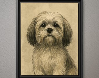 May include: A sepia-toned canvas print of a fluffy dog with a black frame. The dog has long, flowing fur in shades of brown and cream, with a focused gaze. The canvas measures 11 x 14 inches.