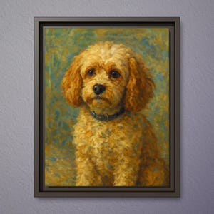 May include: An 11 x 14 inch canvas print with an espresso frame. The artwork features a portrait of a golden-brown dog with a black collar. The background is a blend of teal and yellow hues, creating a textured effect.