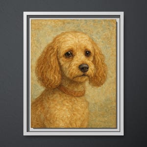May include: A framed canvas print featuring a portrait of a golden-colored poodle. The dog has curly fur and a brown collar. The canvas is 11 x 14 inches and is set in a white frame.