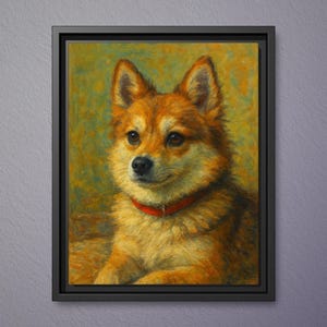 May include: A framed painting of a fluffy, golden-brown dog with pointed ears and a red collar. The artwork features visible brushstrokes and a textured yellow-green background. The frame is black, and the text below reads 11 x 14 inches.