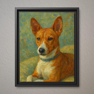 May include: An 11 x 14 inch canvas print in a black frame. The artwork features a portrait of a dog with reddish-brown fur, white markings, and a blue collar. The background has a teal and yellow color scheme.