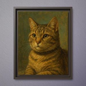 May include: A framed canvas print featuring a detailed portrait of a tabby cat. The cat has yellow-green eyes and brown and tan fur. The canvas is 11 x 14 inches and is set in an espresso-colored frame. The background is a muted green.