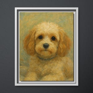 May include: A framed canvas print featuring an oil-style painting of a light brown, curly-haired dog with dark eyes and a black nose. The artwork is displayed in a white frame and measures 11 inches by 14 inches as noted in the text.