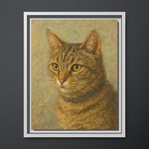 May include: A framed canvas print featuring a detailed portrait of a tabby cat. The cat has yellow eyes and a brown and tan striped coat. The artwork is set in a white frame. The text at the bottom reads "Featured: 11 x 14" Canvas with White Frame."