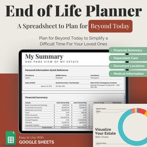 Puede incluir: Un planificador digital de fin de vida que se muestra en una tableta. La pantalla muestra un resumen financiero, información personal y gráficos. El texto incluye "My Summary" y "Visualize Your Estate With Charts."