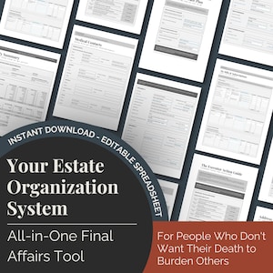 Puede incluir: Un conjunto de documentos imprimibles de planificación patrimonial, que incluyen formularios para contactos médicos, suscripciones y asuntos finales. La imagen presenta el texto "Your Estate Organization System" y "All-in-One Final Affairs Tool."