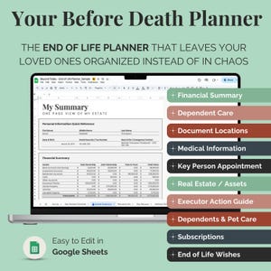 Puede incluir: Una pantalla de portátil muestra una plantilla de planificación financiera titulada "Your Before Death Planner". El documento incluye secciones para resúmenes financieros, cuidado de dependientes, ubicaciones de documentos y deseos de fin de vida. También es visible el texto "Easy to Edit in Google Sheets".