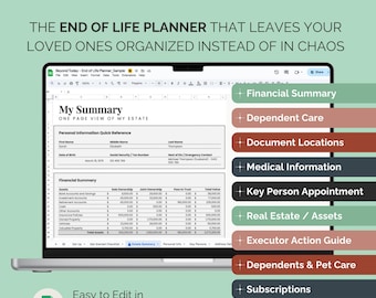 End of Life Planner: Google Sheets Estate Organizer (Digital Download) Last Wishes Legacy Planner Just In Case