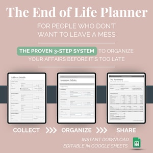 Puede incluir: Planificador digital de fin de vida con el texto "The End of Life Planner" y "The Proven 3-Step System". La imagen muestra tres tabletas que muestran formularios para recopilar, organizar y compartir información. El planificador es una descarga instantánea y editable en Google Sheets.