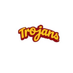 May include: A sticker with the word "Trojans" in yellow script with a red outline. The sticker has a white background.