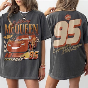 Retro Lightning McQueen Comfort Colors Shirt, Disney Pixar Cars Shirt, Disney Cars McQueen Graphic Tee, Disney Family Vacation Trip Shirt Pepper/Dark Heather