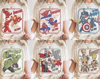 Camiseta vintage de todos los personajes de Disney Marvel Avengers, Spiderman, Iron Man, Hulk, Thor, Capitán América, camisetas a juego para grupos familiares de Marvel
