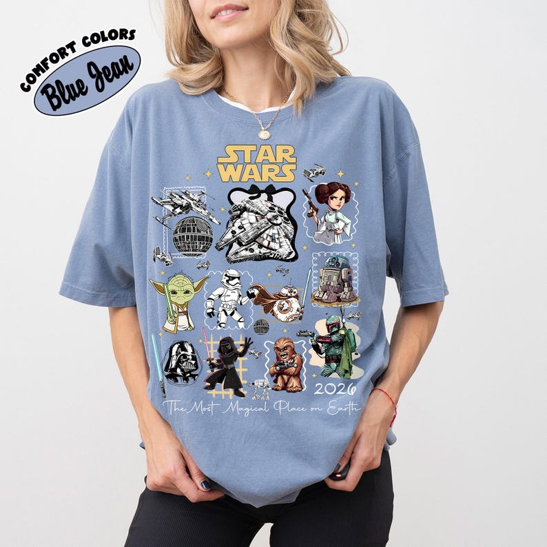 Retro Komfort Farben kokett Schleife Star Wars Shirt, Kawaii Baby Yoda R2D2 Ewok T-Shirt, Star Wars Disneyland Trip Shirt, Disney Familien Shirt Blue Jean/Indigo