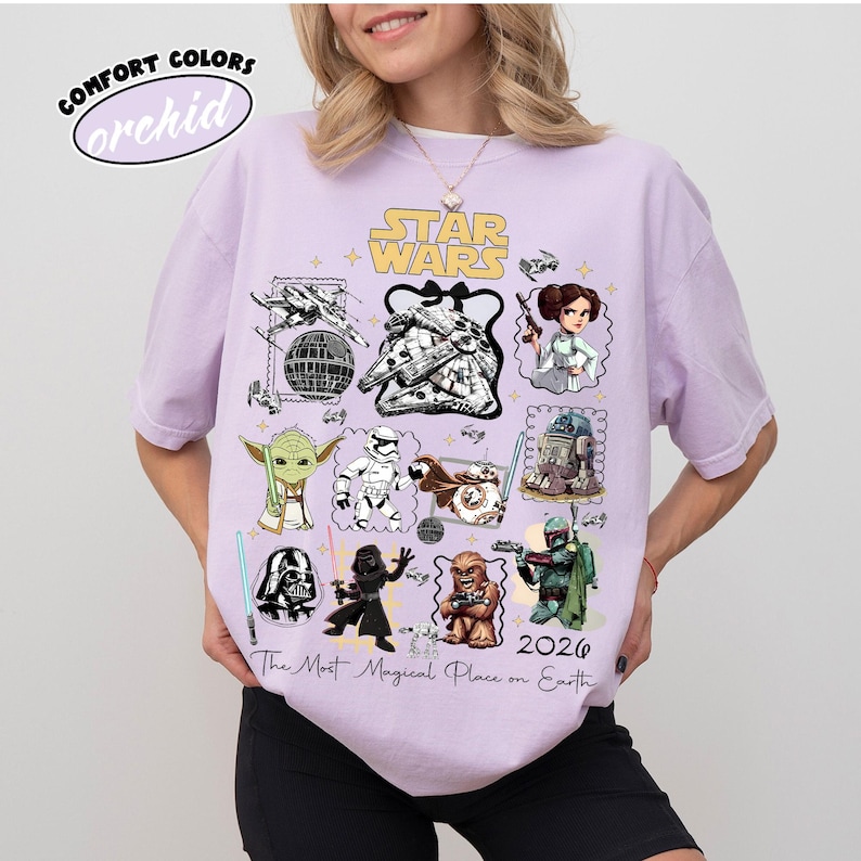 Retro Komfort Farben kokett Schleife Star Wars Shirt, Kawaii Baby Yoda R2D2 Ewok T-Shirt, Star Wars Disneyland Trip Shirt, Disney Familien Shirt Orchid
