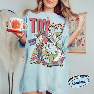 May include: Pale blue t-shirt with a "Toy Story" design, including Woody, Buzz Lightyear, and Rex characters. The shirt also features the text "Since 1995" and "Comfort Colors Chambray" printed on it.