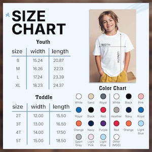 Puede incluir: Una tabla de tallas para camisetas juveniles y para ni&ntilde;os peque&ntilde;os. La tabla incluye medidas de ancho y largo en cent&iacute;metros. Una carta de colores muestra los colores disponibles, incluyendo blanco, negro y rosa. La imagen tambi&eacute;n muestra a un ni&ntilde;o usando una camiseta blanca.