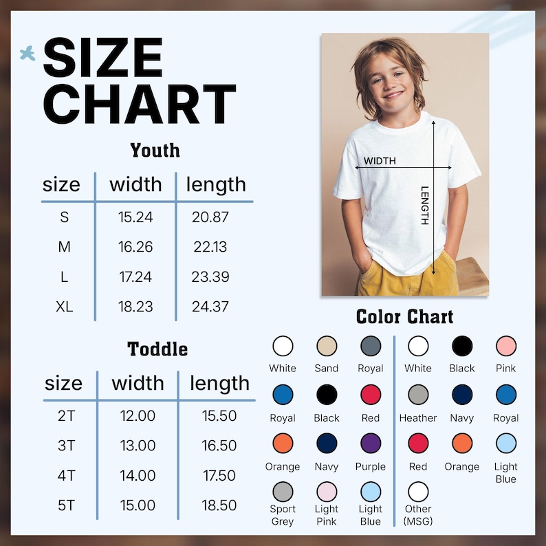 Puede incluir: Una tabla de tallas para camisetas juveniles y para ni&ntilde;os peque&ntilde;os. La tabla incluye medidas de ancho y largo en cent&iacute;metros. Una carta de colores muestra los colores disponibles, incluyendo blanco, negro y rosa. La imagen tambi&eacute;n muestra a un ni&ntilde;o usando una camiseta blanca.