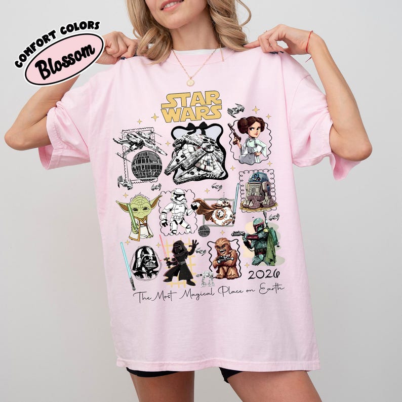 Retro Komfort Farben kokett Schleife Star Wars Shirt, Kawaii Baby Yoda R2D2 Ewok T-Shirt, Star Wars Disneyland Trip Shirt, Disney Familien Shirt Blossom/Light Pink