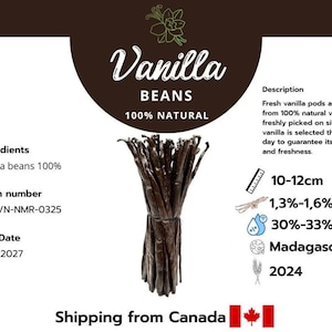 May include: A bunch of dark brown vanilla beans, tied together, with text indicating they are 100% natural. The image includes measurements of 10-12cm, and other details about the product.