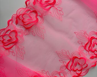 Hot Pink Embroidered Floral Lace Trim: 10 Inch Wide, Non-Stretch