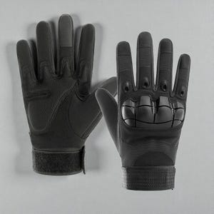May include: A pair of black tactical gloves. The gloves have reinforced knuckles and a textured palm for grip. The wrist area features an adjustable strap with a hook and loop fastening. These gloves are designed for protection and durability.