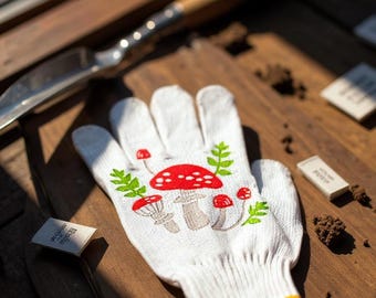 Guantes de jardinería con estampado de setas: Tejido transpirable con puntos antideslizantes.