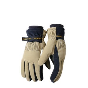 May include: A pair of beige and navy blue winter gloves. The gloves have a ribbed cuff and a strap with the word "SPOR" printed on it. The word "BOR" is printed on the back of the gloves. The gloves are designed for sports.