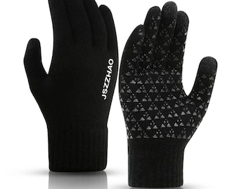 May include: A pair of black knit gloves. The left glove has the text "JSZZHAO" in white. The right glove features a textured palm with a pattern of small, silver triangles. The gloves are designed for touchscreen use.