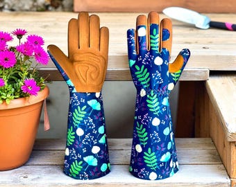 Floral Garden Gloves: Thorn Proof Leather Palm, Long Cuff Protection