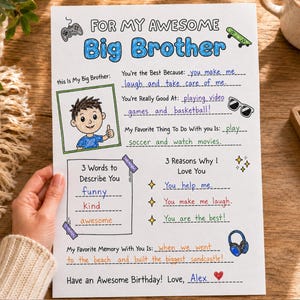以下が含まれることがあります： For My Awesome Big Brotherというタイトルの青い文字、少年の漫画イラスト、青、黒、オレンジのインクで手書きされた回答が記載された記入用紙。カードにはゲームコントローラー、スケートボード、サングラス、ヘッドフォンのアイコンが描かれています。