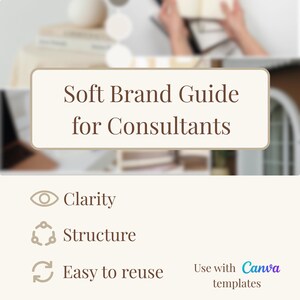May include: A beige graphic with the text "Soft Brand Guide for Consultants." Below, icons represent "Clarity," "Structure," and "Easy to reuse." The phrase "Use with Canva templates" is also included.