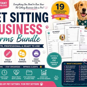 Può includere: Un pacchetto digitale di moduli per un'attività di pet sitting che include 19 modelli professionali come contratto di servizio, modulo di accoglienza clienti, profilo dell'animale, programma di alimentazione e registro dei farmaci.